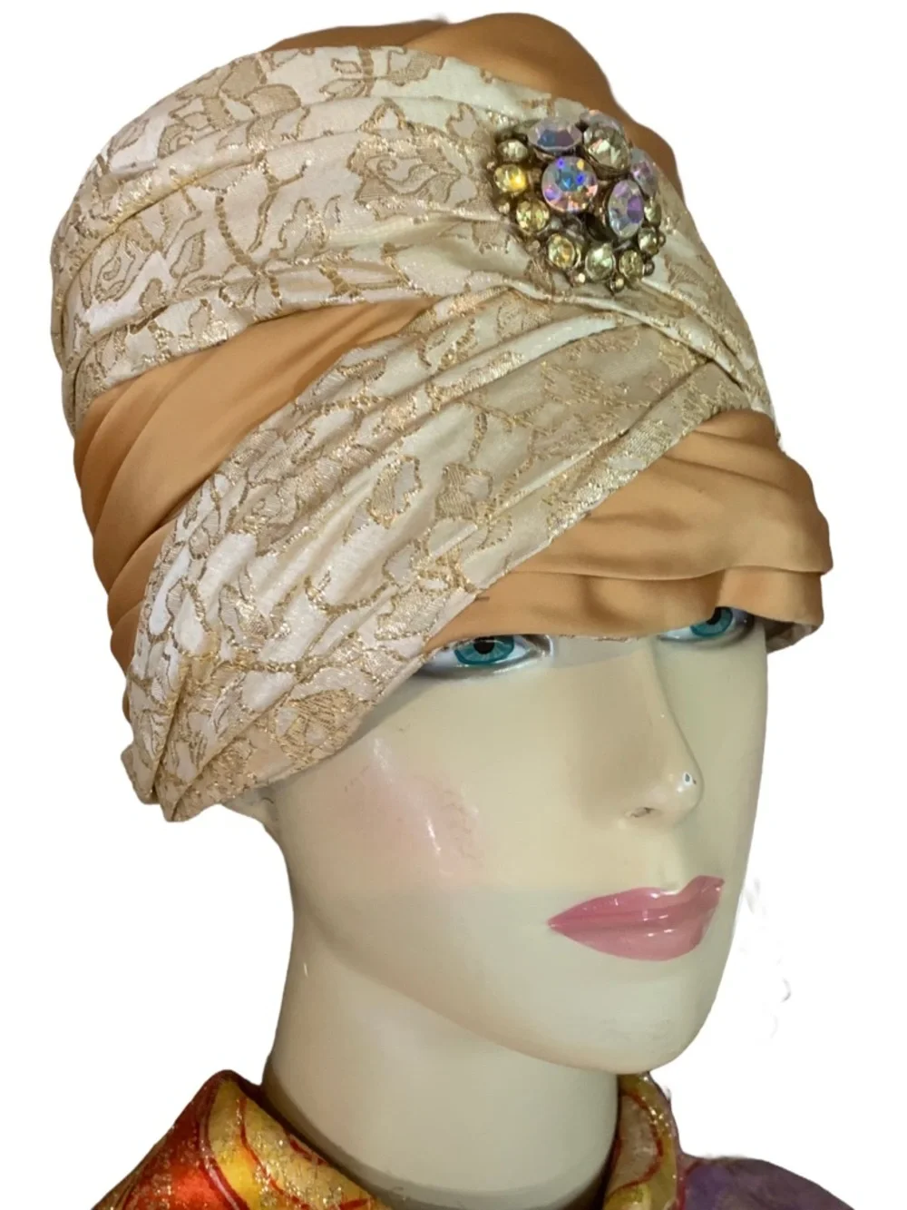 VINTAGE SHILLITOS 1960'S GOLD & CREAM SATIN RUCHED BROCADE TURBAN STYLE HAT - Picture 8 of 13